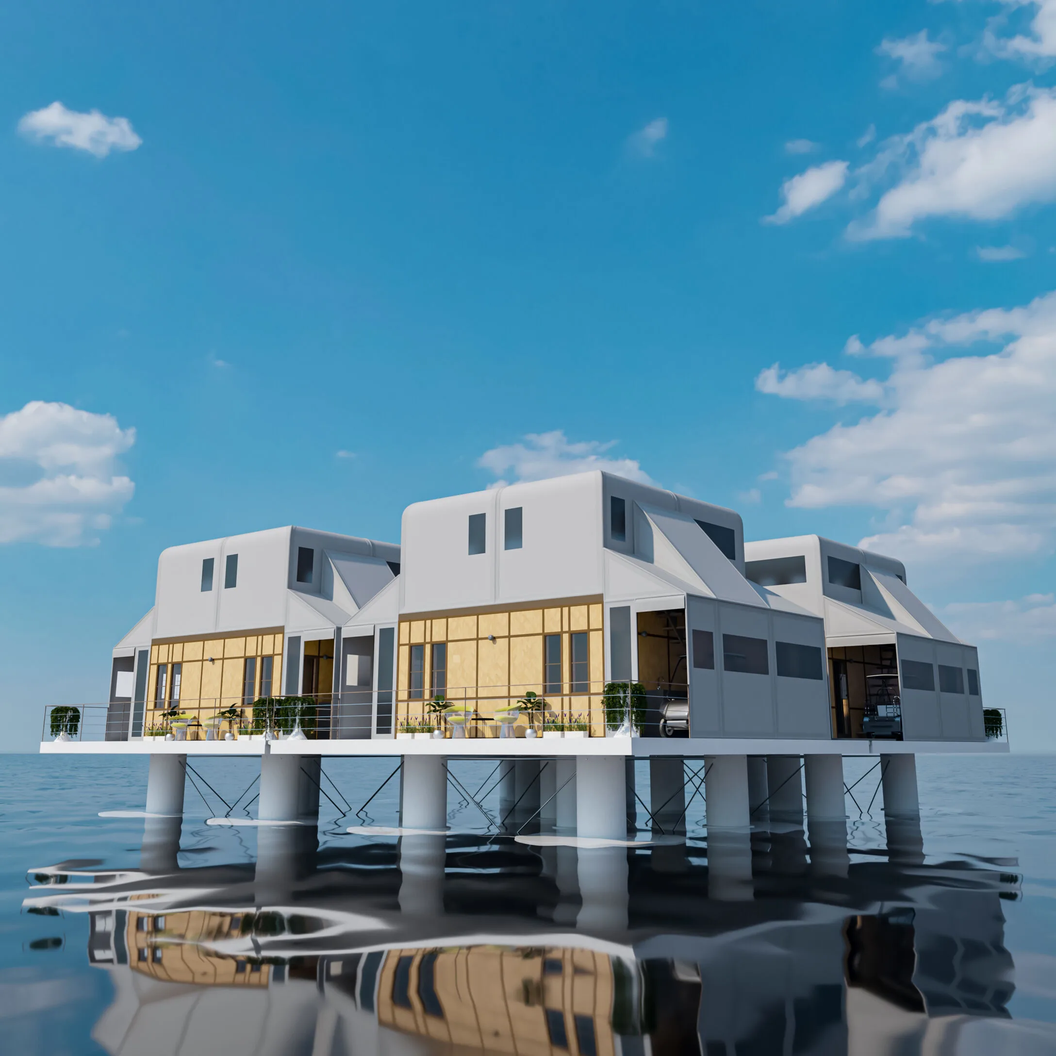 Render of three connected ArkPad-D platforms on open water, each raised on spars above the surface, with glass-fronted living levels and upper decks