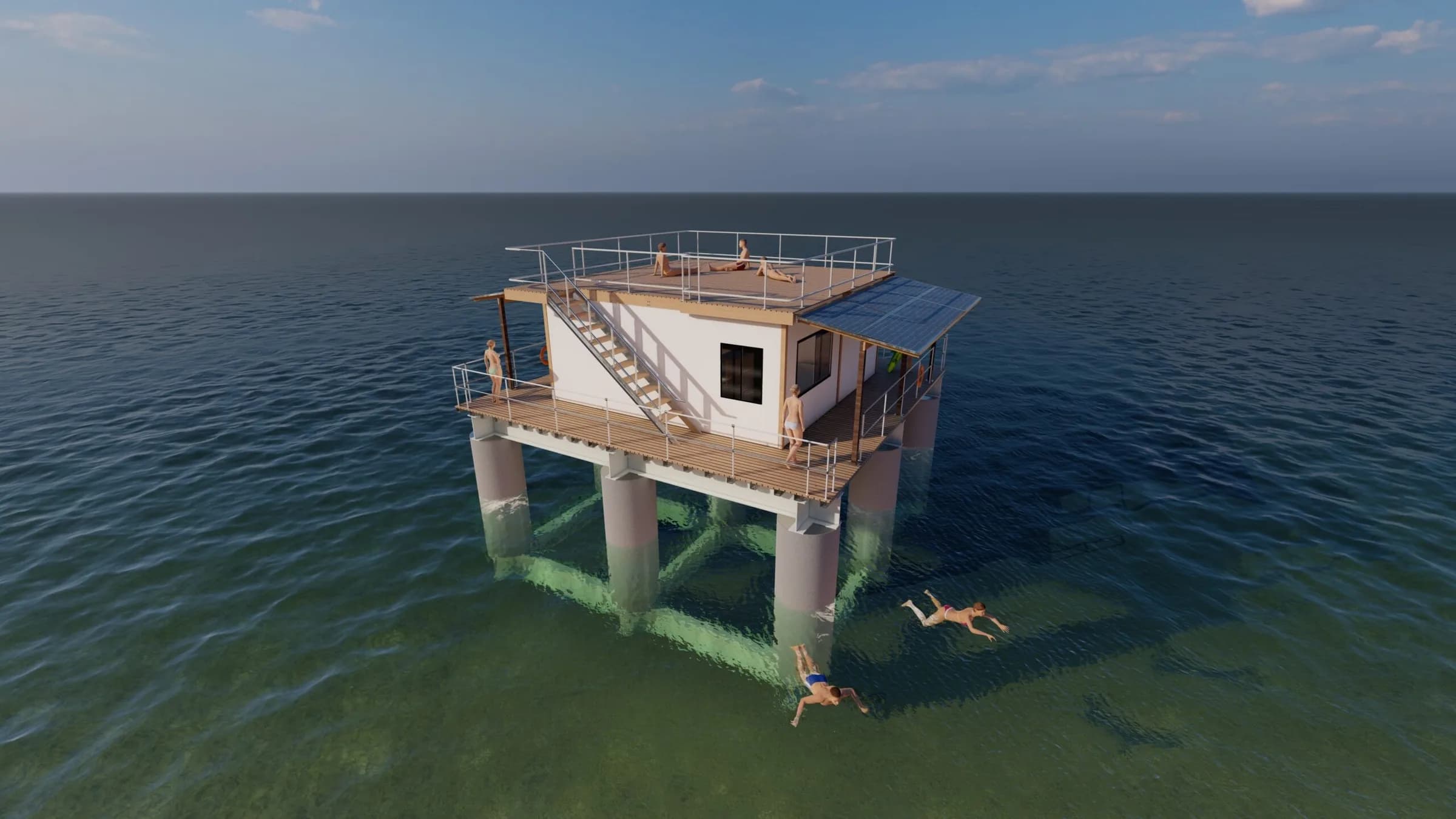Render of a single ArkPad-D raised on four cylindrical spars, with a roof sun deck, external stair and side solar panels, and swimmers in the clear water below