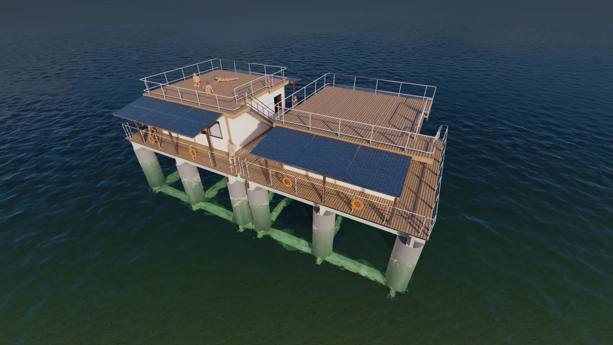 Render of a wide ArkPad platform on spars, with solar canopies over an open timber deck, life rings on the railings, and a roof terrace