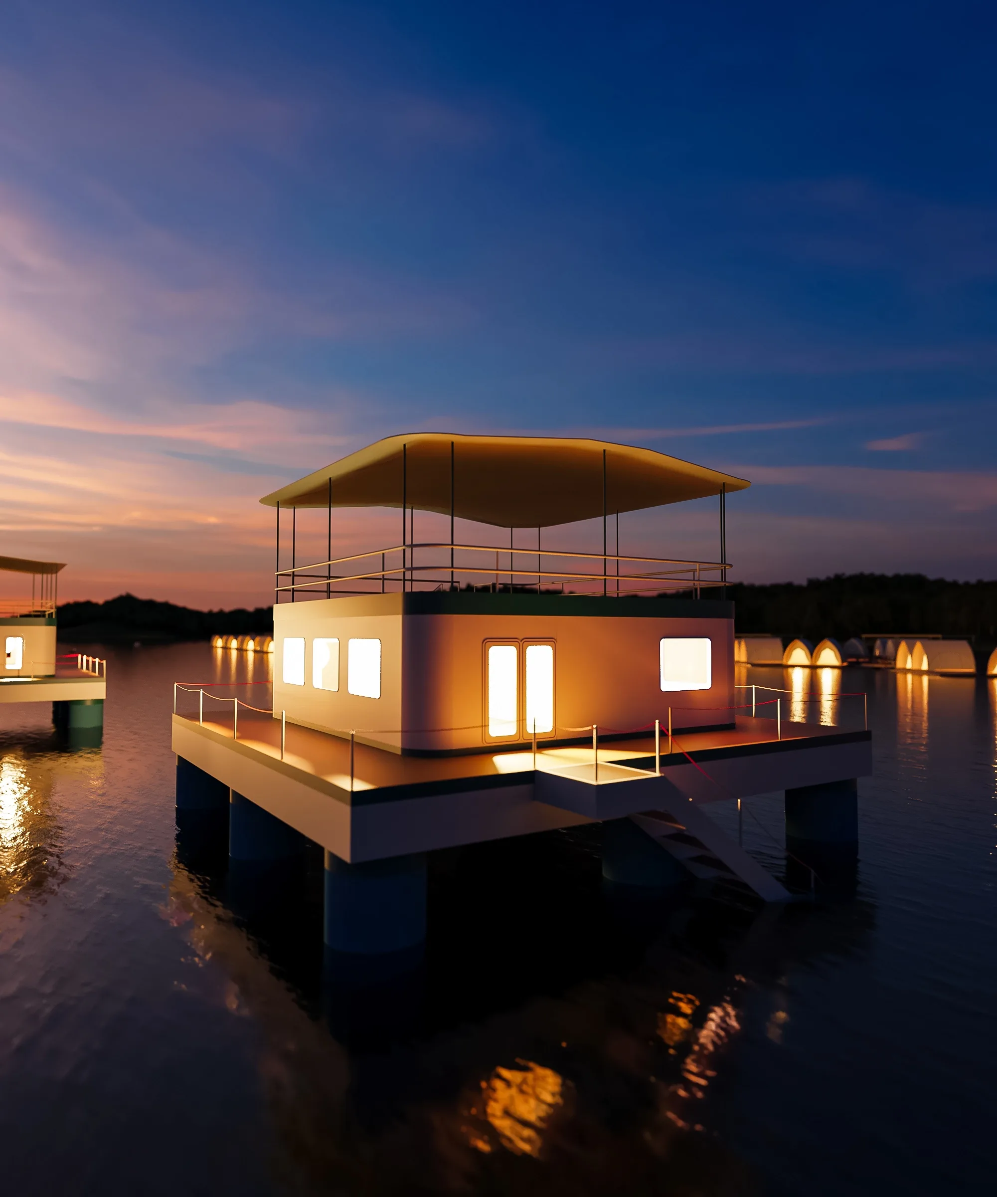 An ArkPad-D lit from within at dusk, warm light spilling from its windows across the water, with the lit tents of a resort strung along the shoreline behind