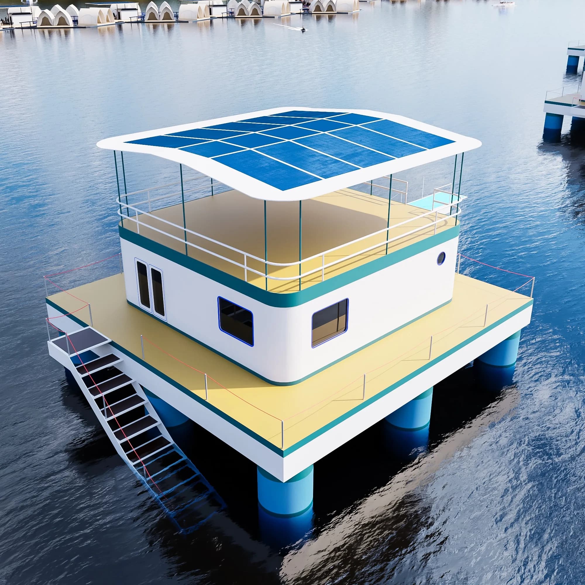 An ArkPad-D with a curved white canopy roof carrying blue solar panels, moored on calm water with a row of peaked resort tents on the horizon behind it