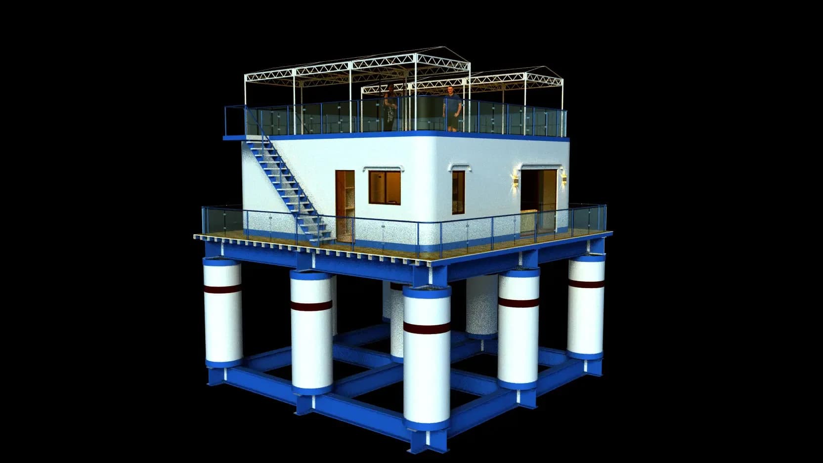 A technical render of the full ArkPad-D structure on a black background: house on a blue fiberglass frame carried by nine spars with an external stair to the roof terrace