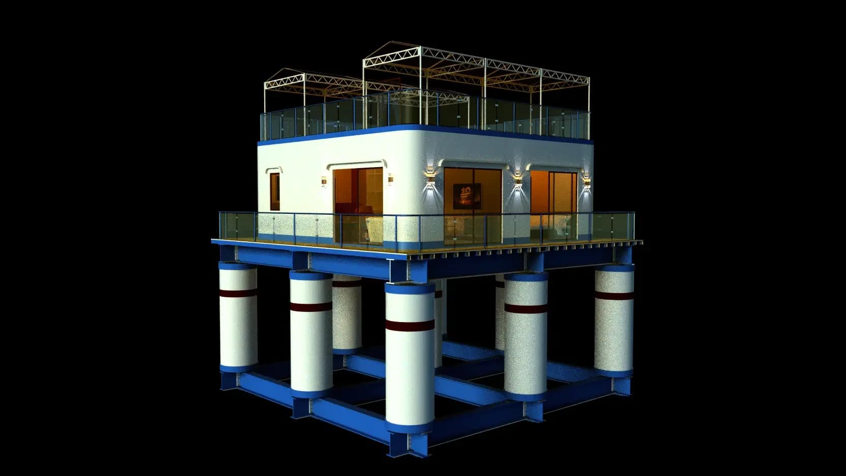 The ArkPad-D structure on a black background with its interior and exterior lighting on, showing the glazed ground floor and the covered roof terrace above