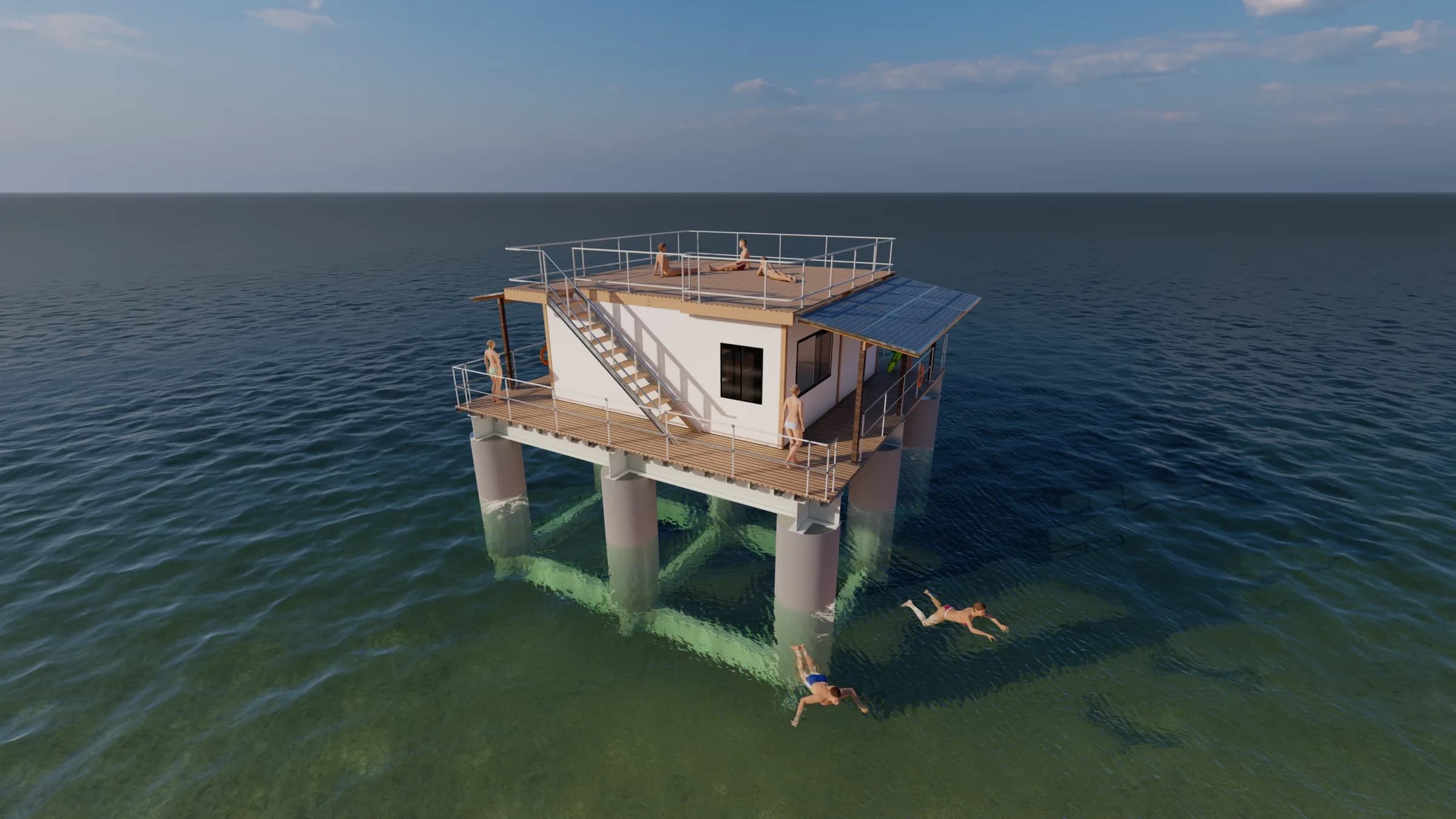 An ArkPad-D floating home in clear shallow water, seen from above: people sunbathe on the roof deck and two swimmers float beside the spars, which are visible through the water