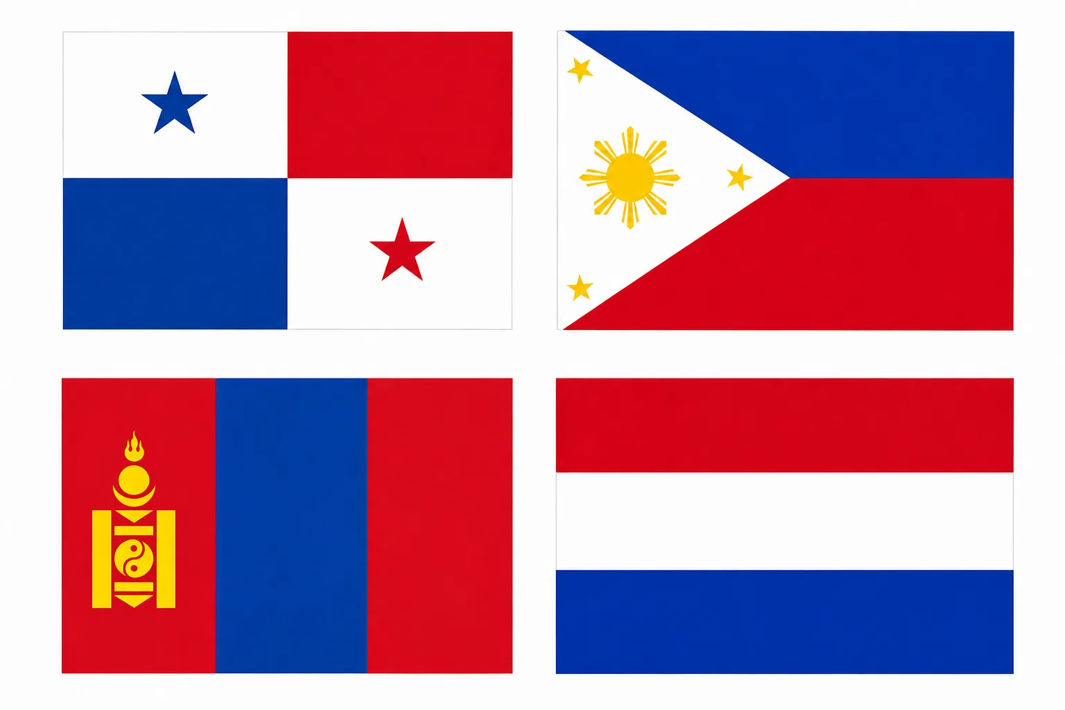 Four national flags on a white background: Panama and the Philippines above, Mongolia and the Netherlands below