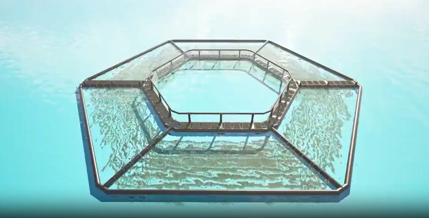 The ArkPad Hexafarm seen below the surface, the water pale near the top of the frame and deepening to dark teal towards the bottom