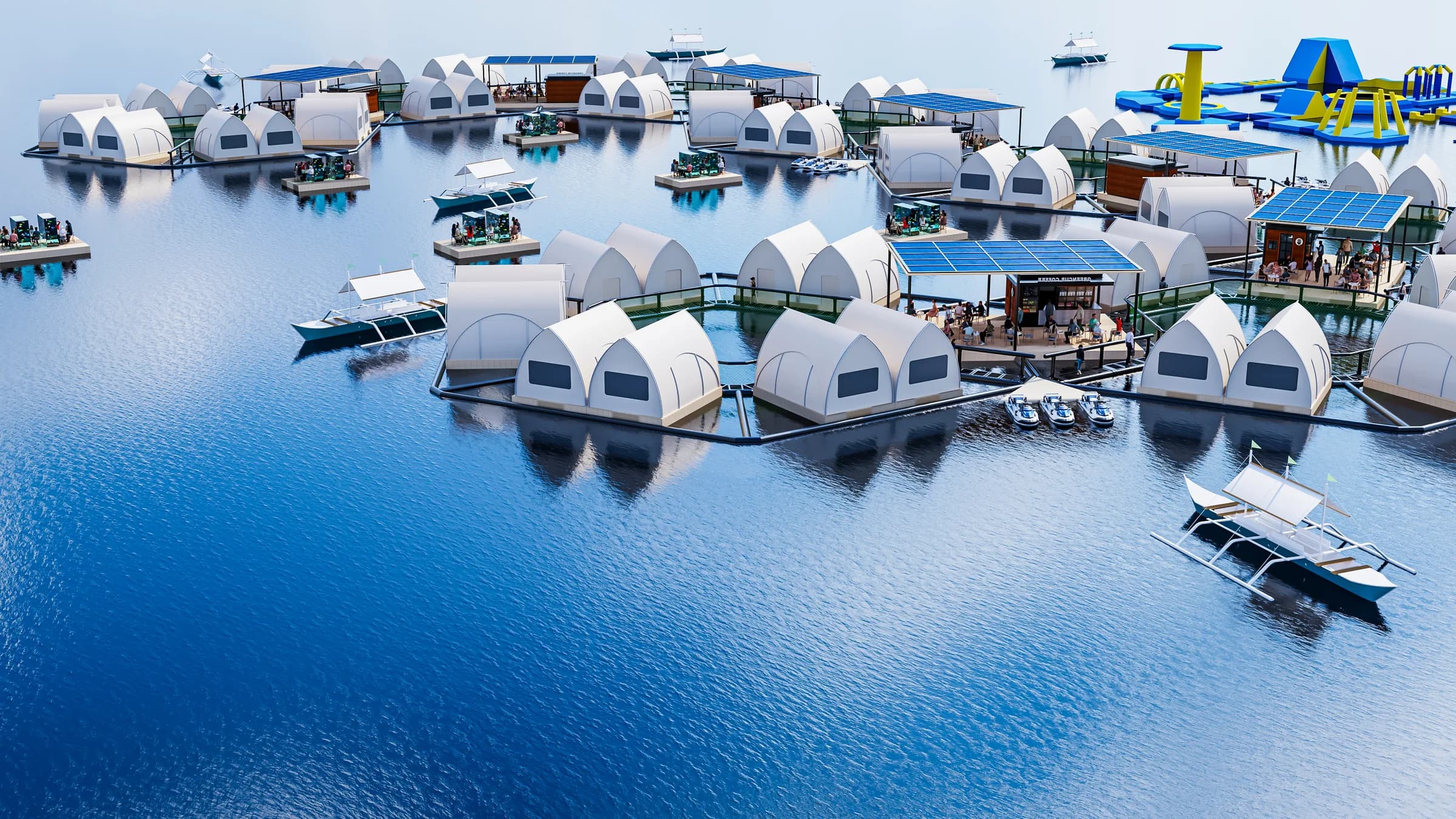 Aerial render of the wider Reef Resort layout: rows of white cabins on linked floating platforms, solar arrays, outrigger boats, and an inflatable water park