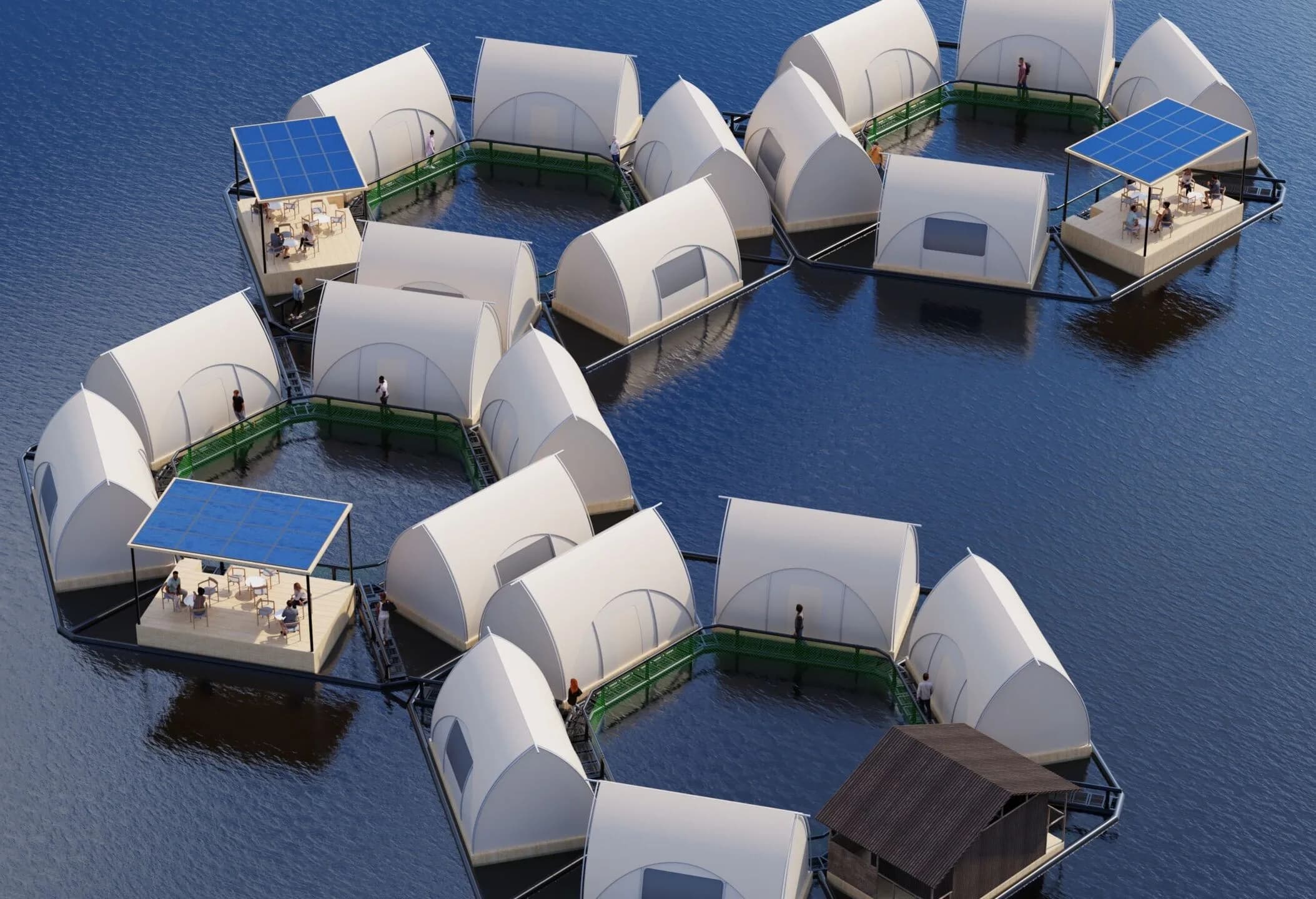 Aerial render of hexagonal Hexafarm modules ringed with Glamphouses, solar canopies shading deck seating, and green safety railings around the central water
