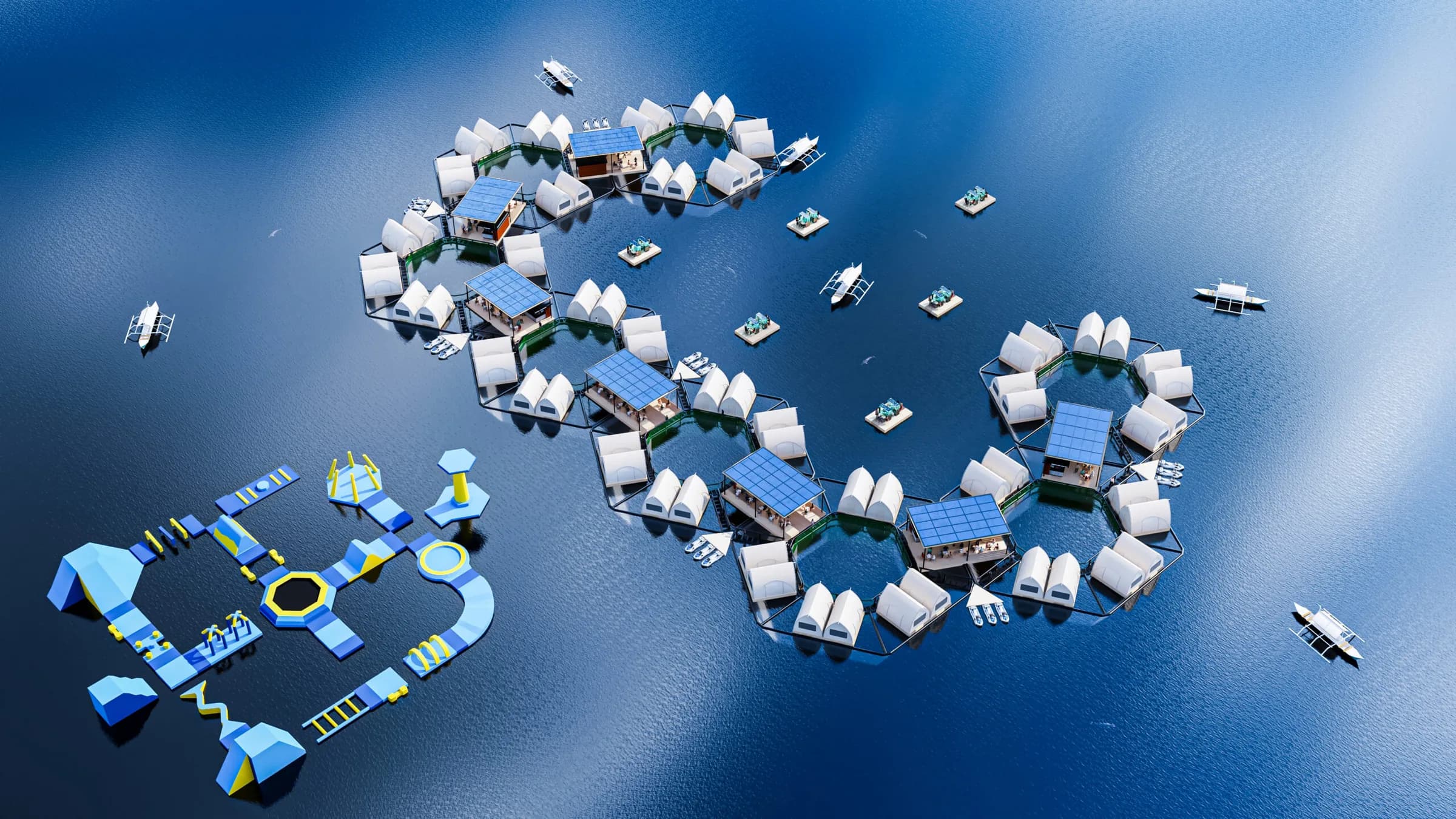 Aerial render of the Reef Resort arranged in a long S-curve of hexagonal modules, with the inflatable water park at lower left and outrigger boats scattered around