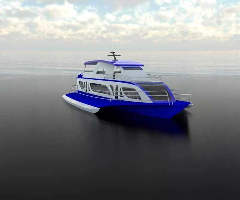 Render of a blue-and-white passenger catamaran at rest on calm water