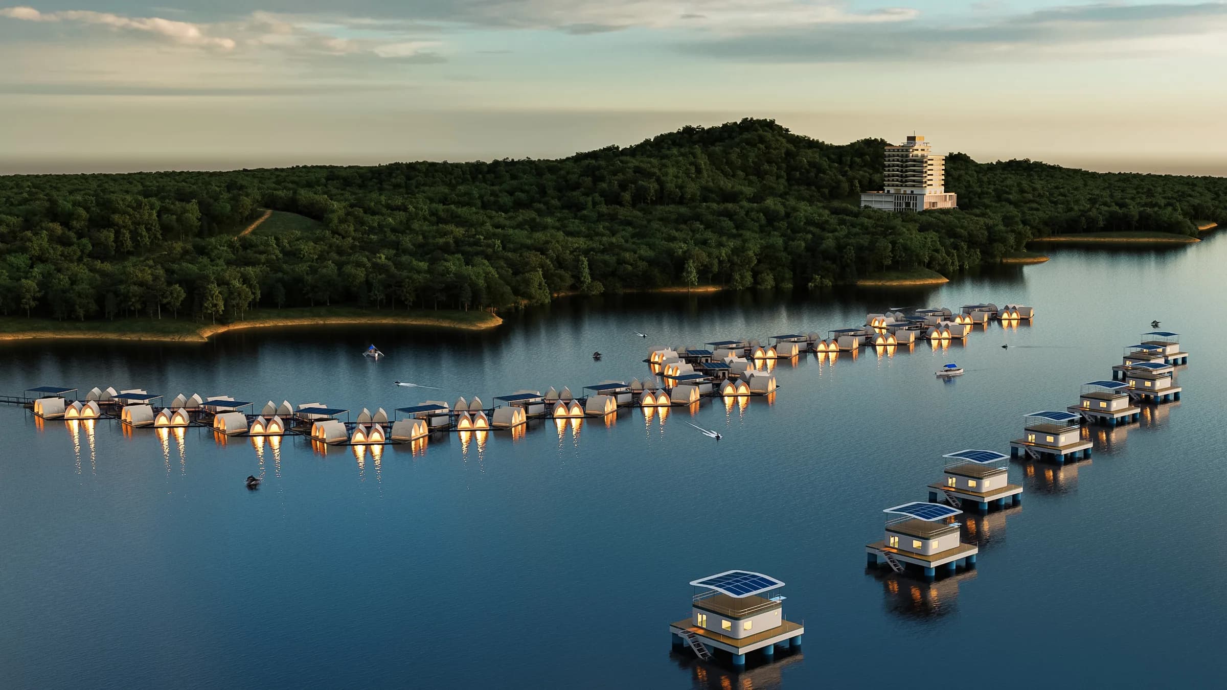 Golden-hour aerial of the proposed development: lit white Glamphouses curving away from a green wooded headland, ArkPad units moored in the foreground, and a tall tower building on the ridge behind