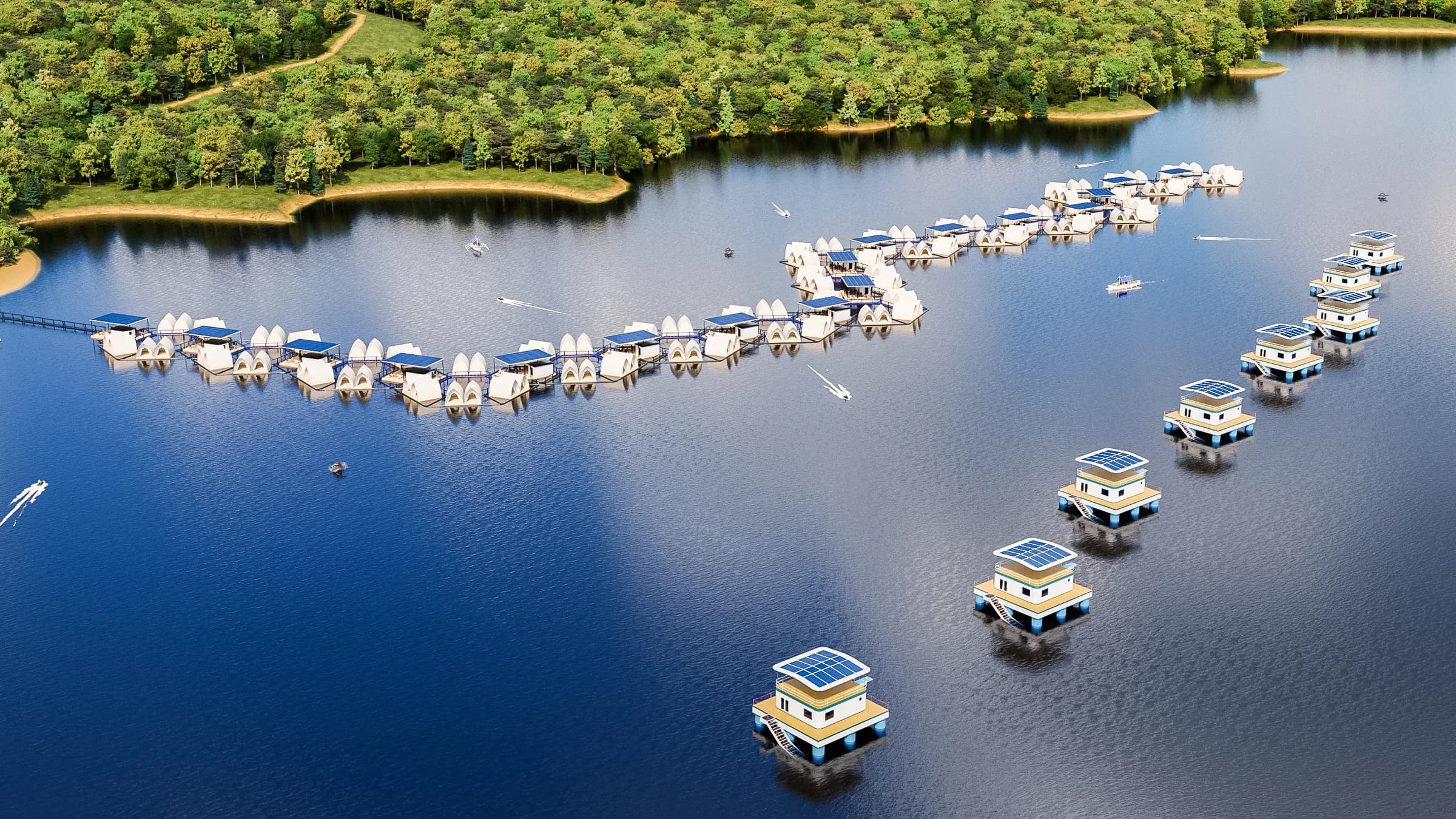 Daylight aerial of the proposed Roatan development: a long curving chain of white Glamphouses and ArkPad units on linked floating platforms, with a second row of detached ArkPads trailing away across deep blue water off a wooded shore
