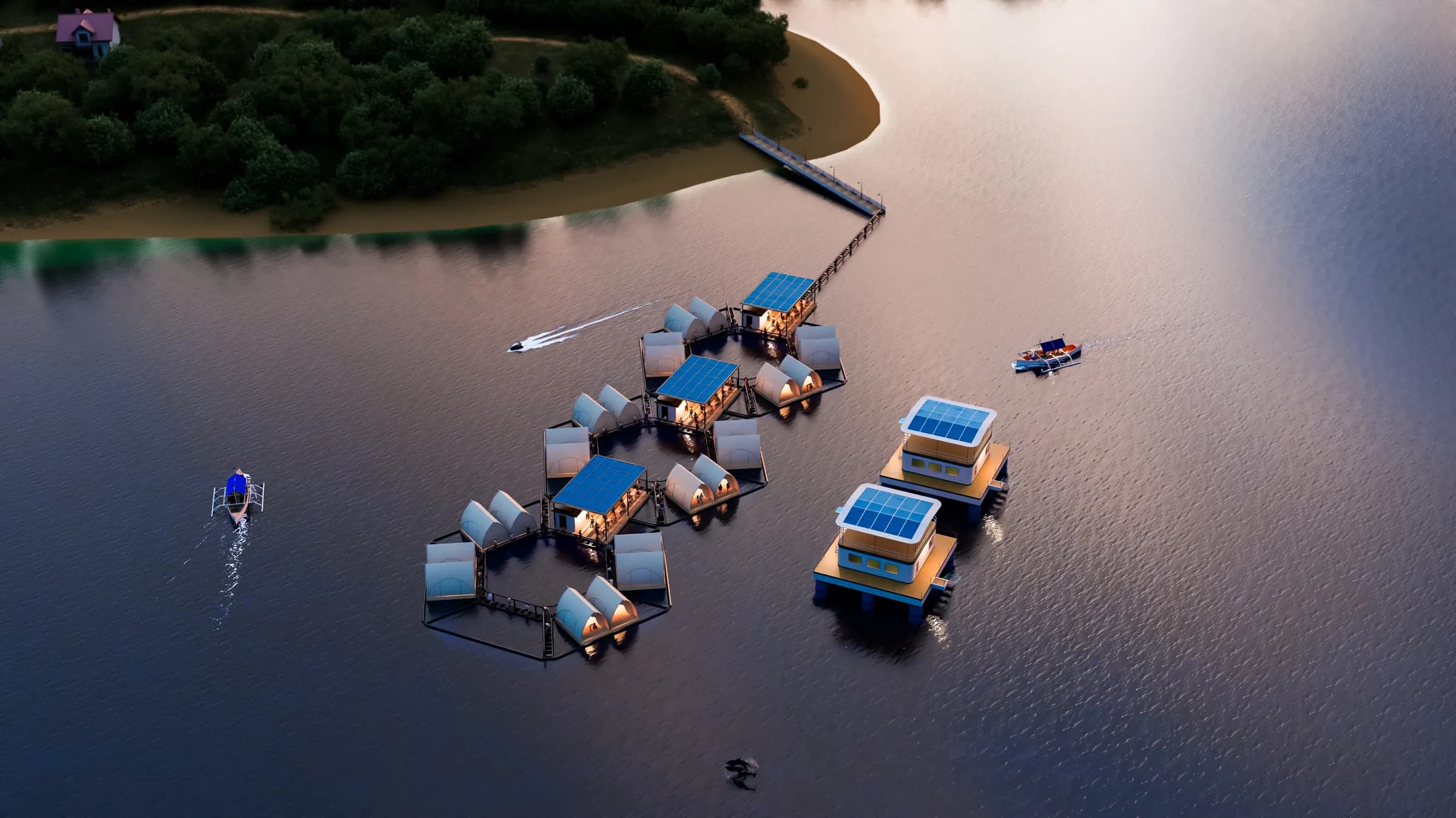 Golden-hour aerial at an angle: white Glamphouses and larger ArkPad units on floating platforms in a linear arrangement, connected by walkways to a green shore, with a boat wake crossing the frame