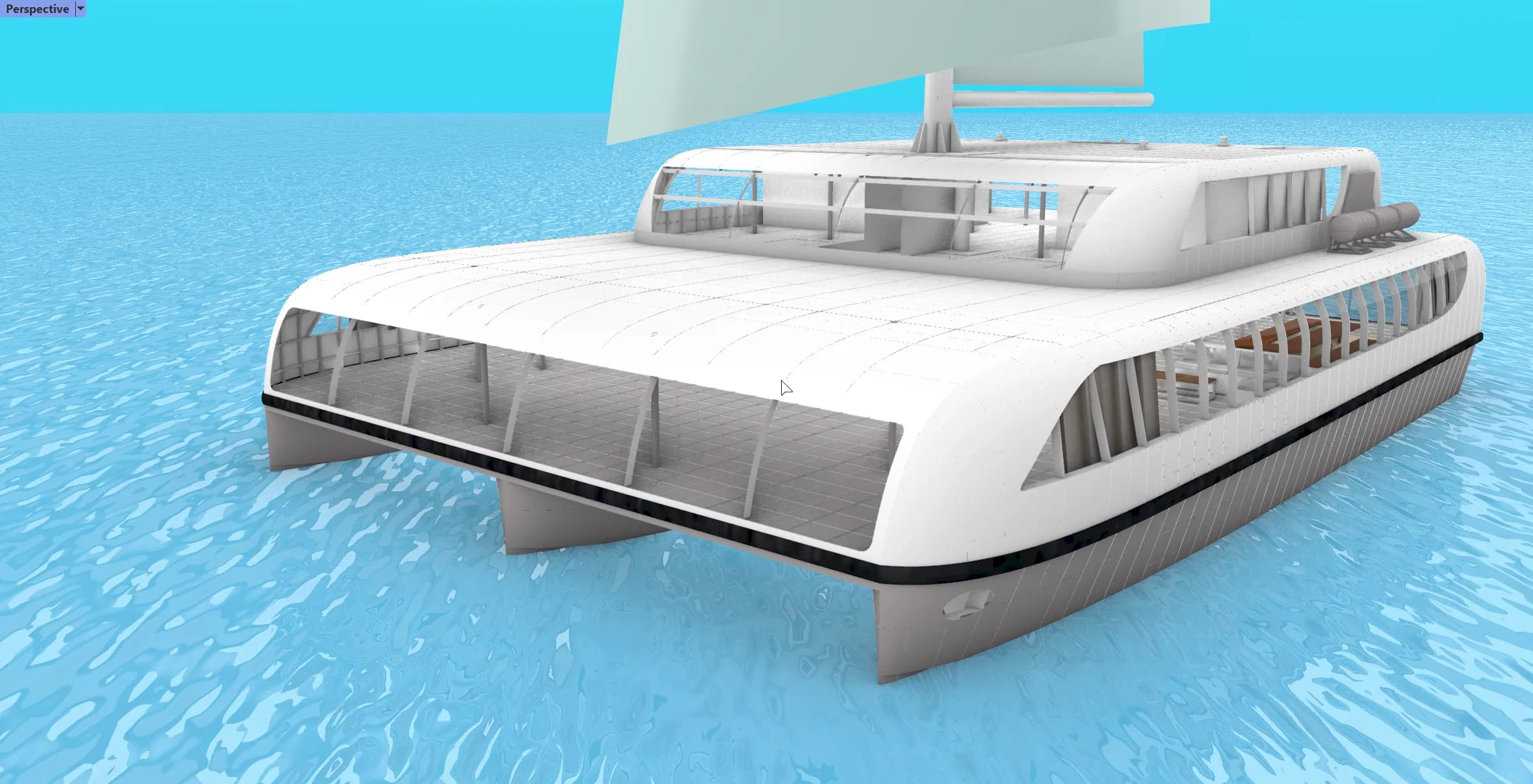 Untextured CAD model of the Fatcat, a wide twin-hulled sailing catamaran