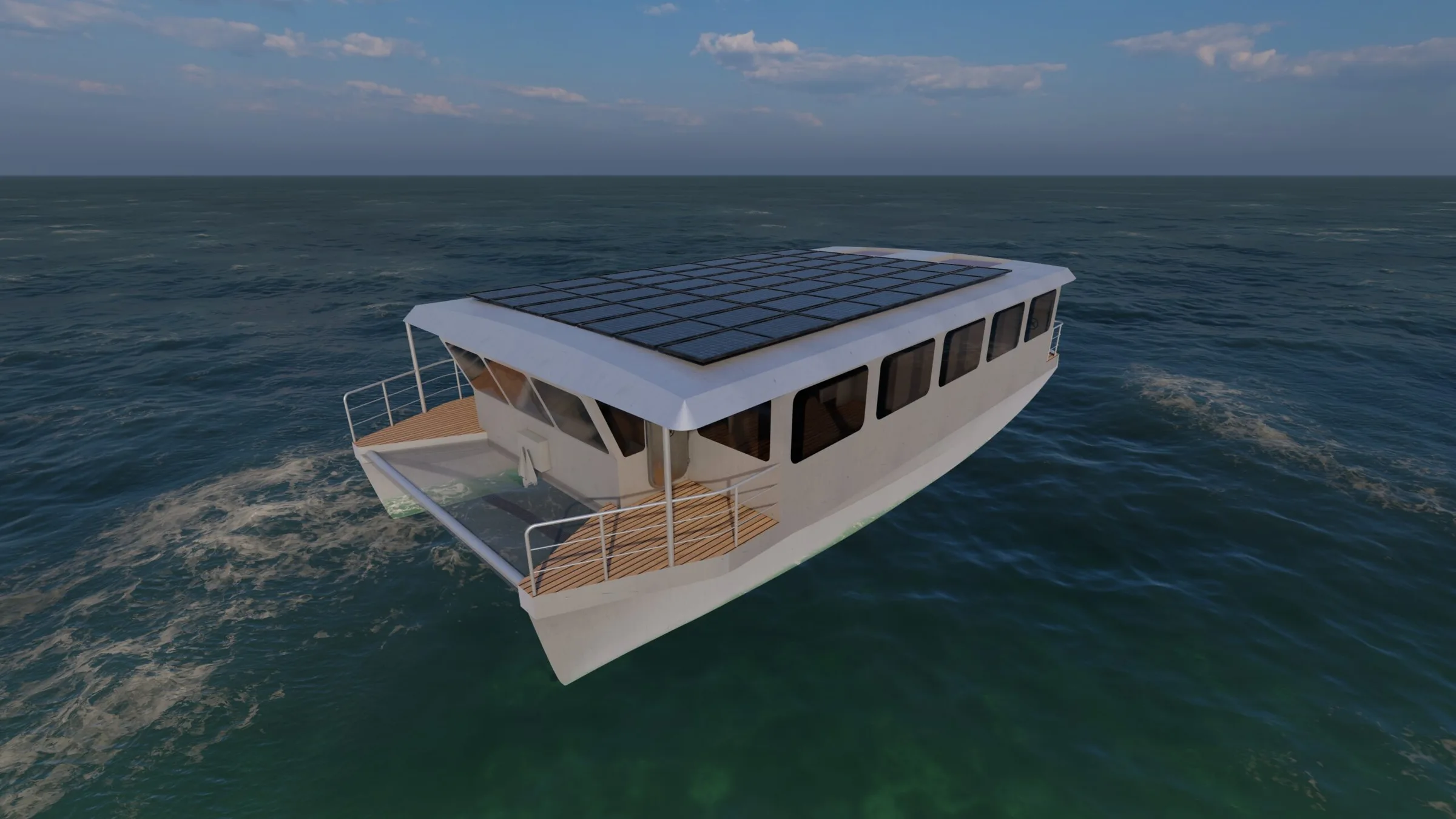 Render of the LiberArx, a twin-hulled solar catamaran under way, its roof fully covered in photovoltaic panels above wraparound windows and a timber foredeck