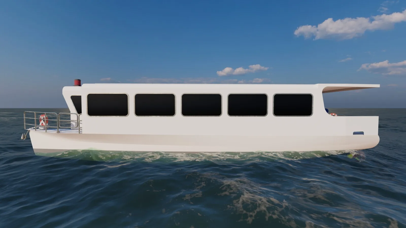 Broadside render of the LiberArx under way: a long white catamaran hull with five large dark windows along the cabin, a railed foredeck and a slim overhanging roof, on open water under a blue sky